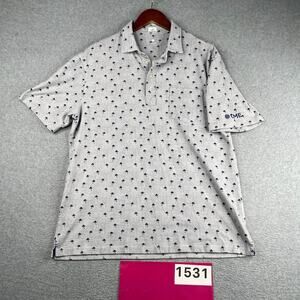 Johnny-O Hangin Out Polo Shirt Gray Navy Palm Tree Print CME Logo Casual Mens L